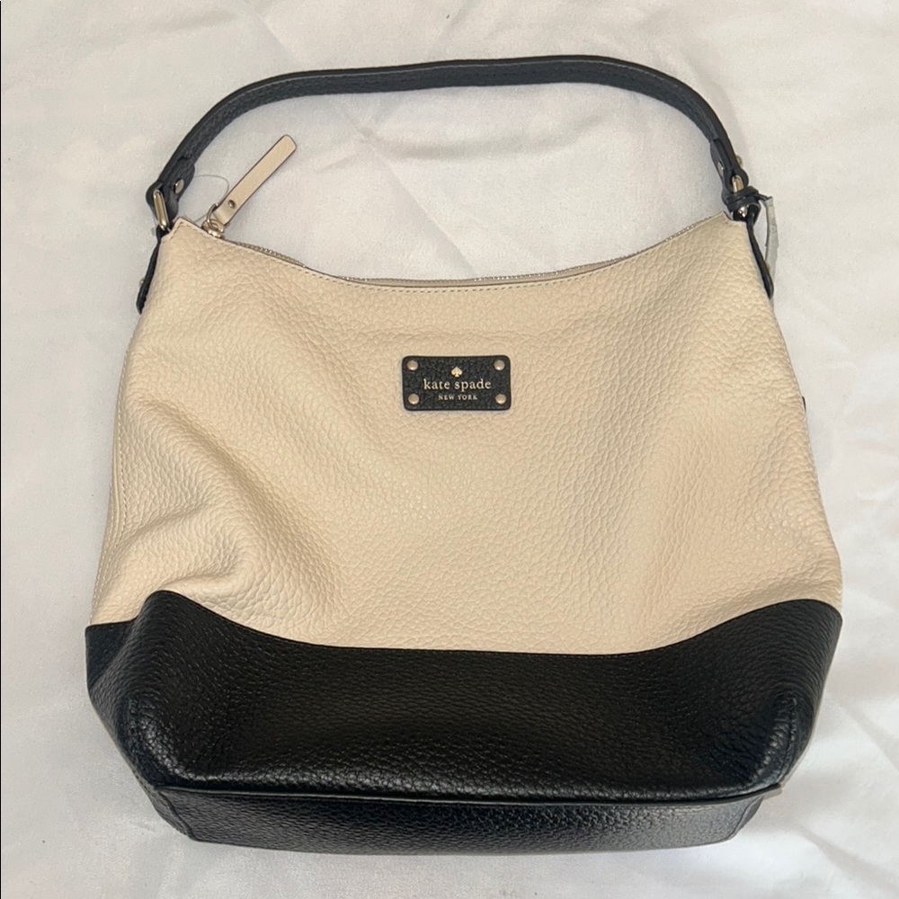 Kate Spade Cream and Black Hobo Bag with Metal Hardware